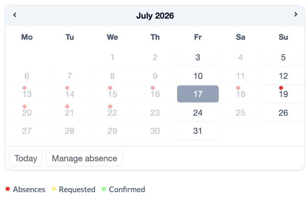 Screenshot Events Manage absence Calendar view