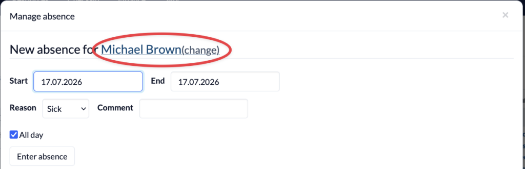 Screenshot Events Manage absence Change person