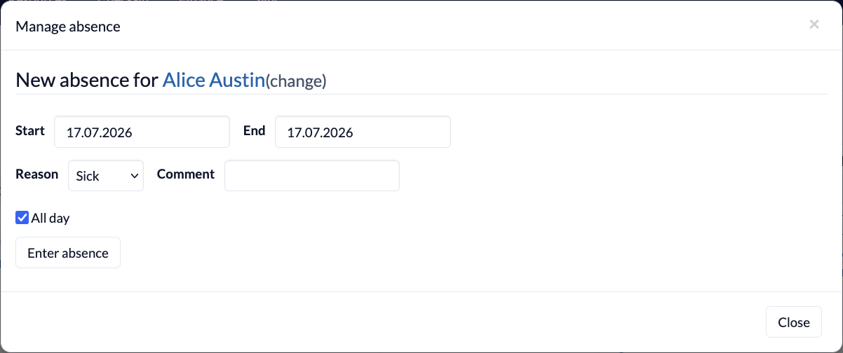 Screenshot Events Manage absence New absence