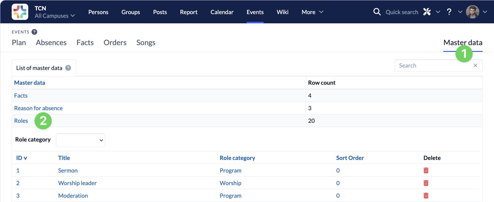 Screenshot Events Master data Roles list