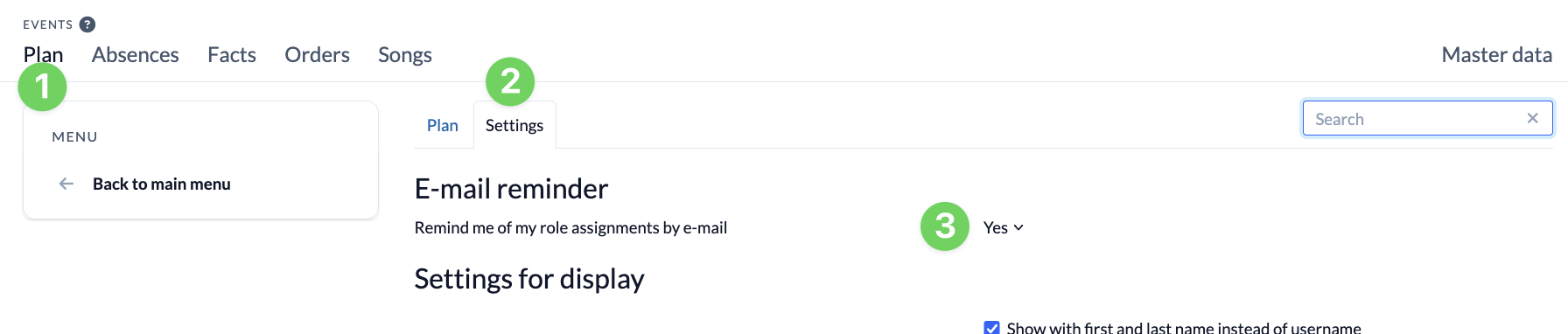 Screenshot Events Plan Settings Remind me by e-mail