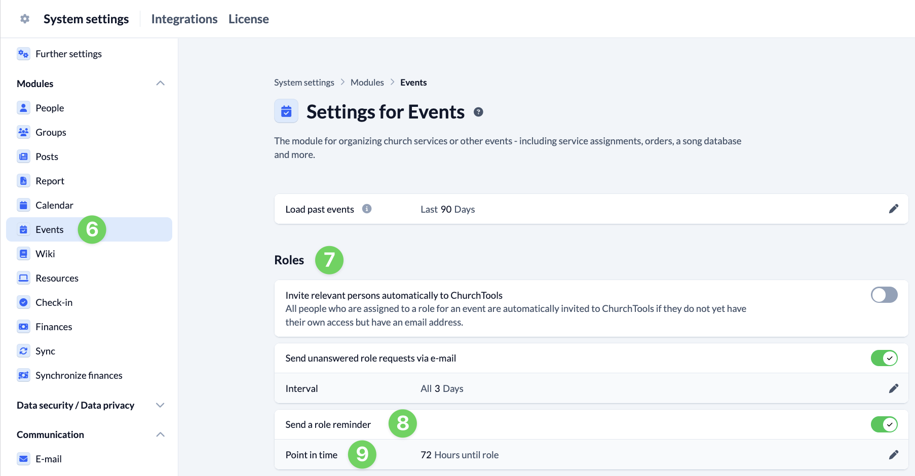 Screenshot System settings Modules Events Settings for Events Send a reminder
