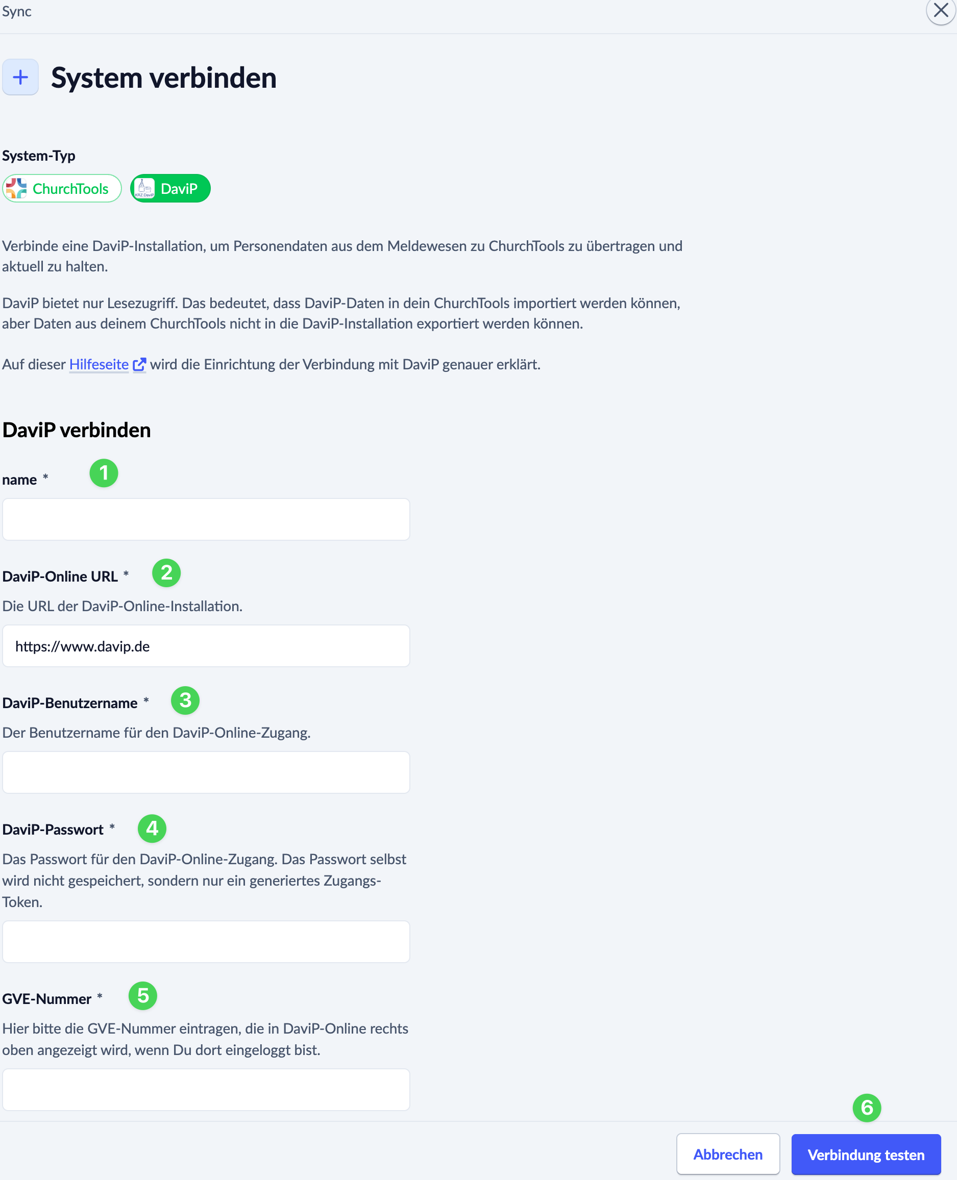 Screenshot: DaviP an den ChurchTools Sync anbinden