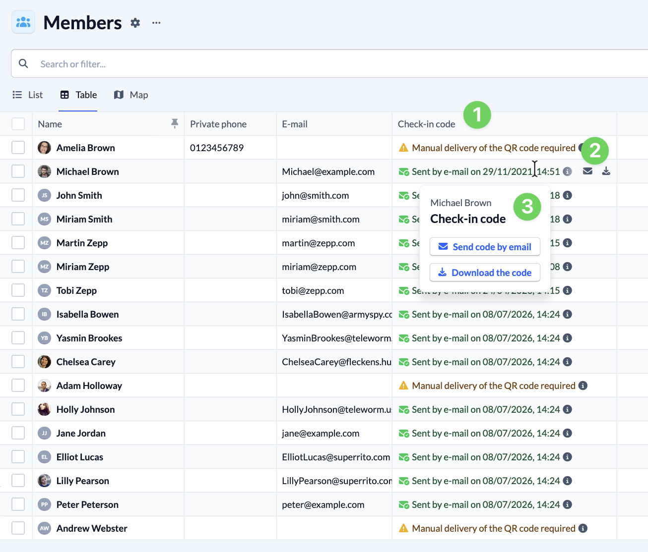 Screenshot Groups Group Member Table list Check-in
