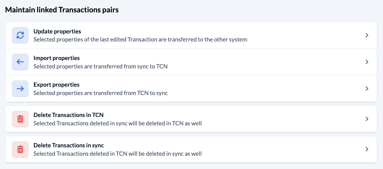 Screenshot Sync Add action Maintain linked Transactions pairs