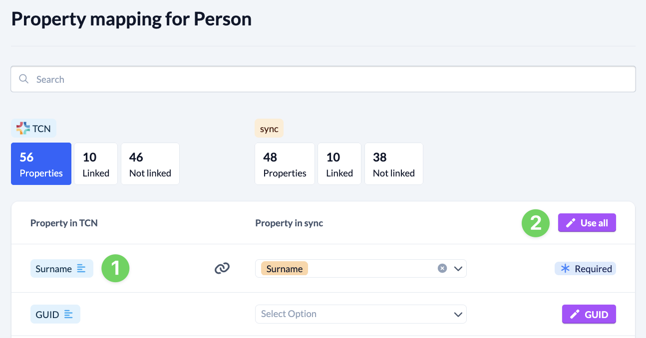 Screenshot Sync Connection Properties pairs list