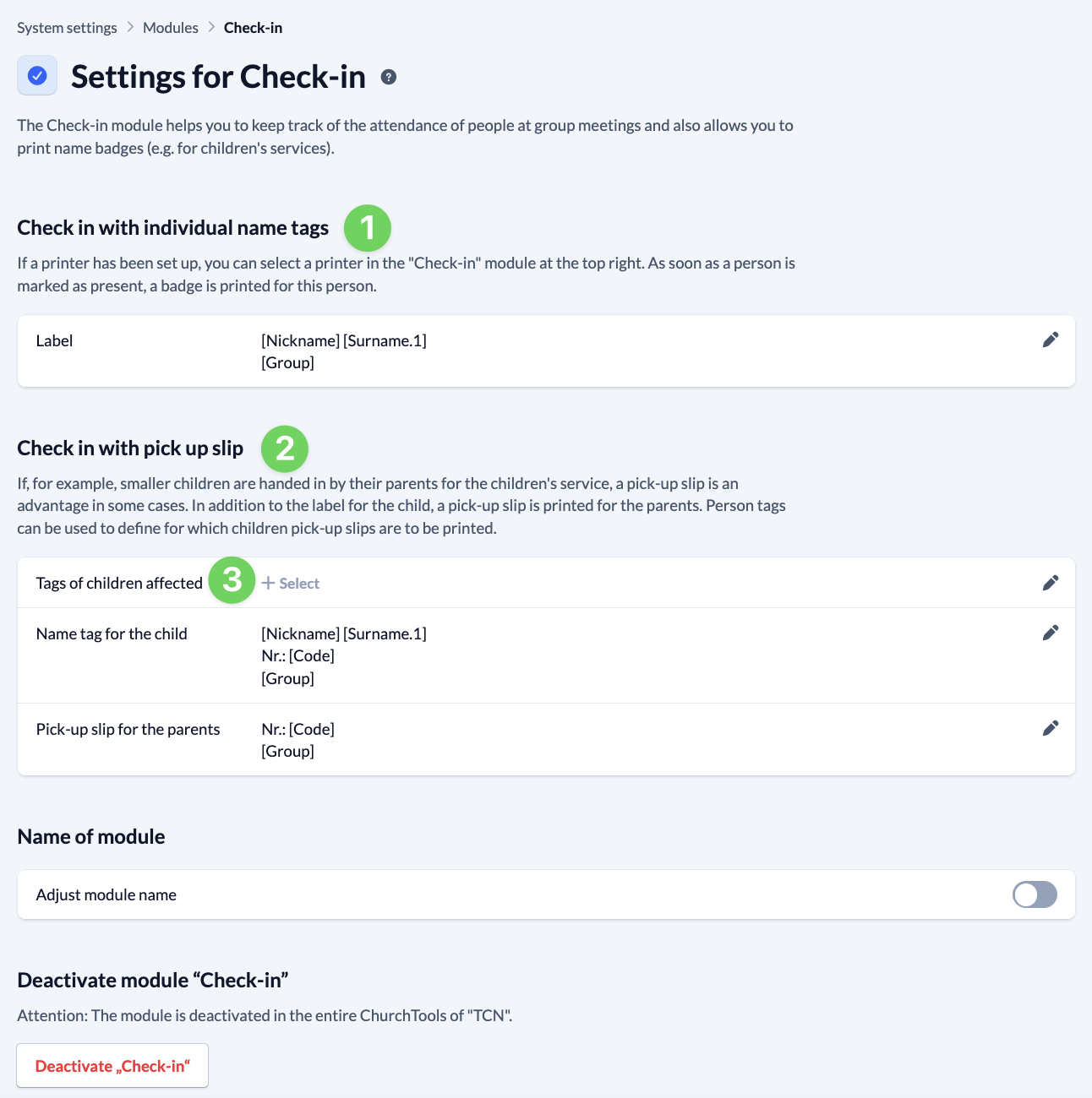 Screenshot System settings Check-in Settings for Check-in