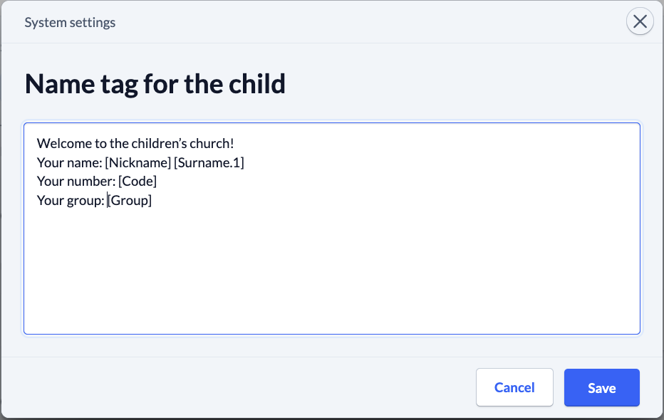 Screenshot System settings Check-in Settings for Check-in Edit label
