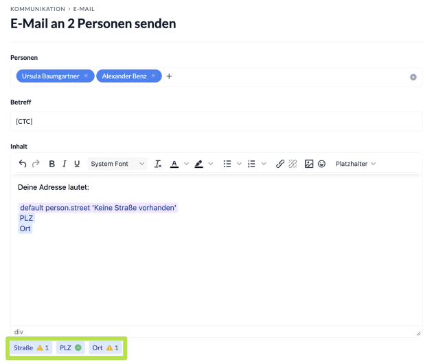 Screenshot E-Mail mit Platzhalter-Funktion für Standardwert