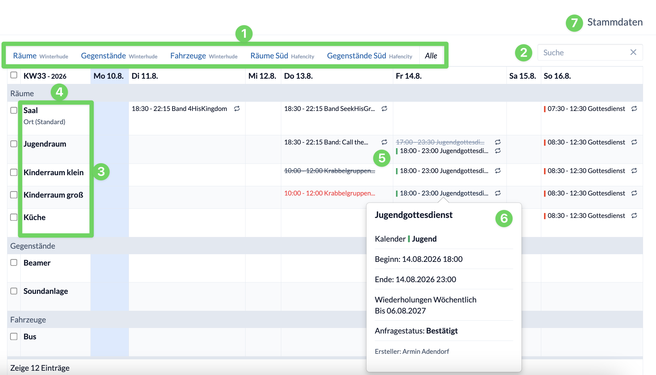 Screenshot: Zentraler Buchungsplan