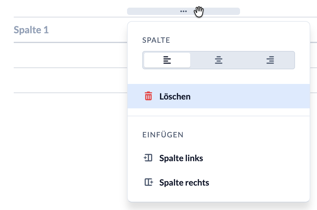 Screenshot Markdown-Editor Tabelle in der Standard-Ansicht, Spalten-Menü