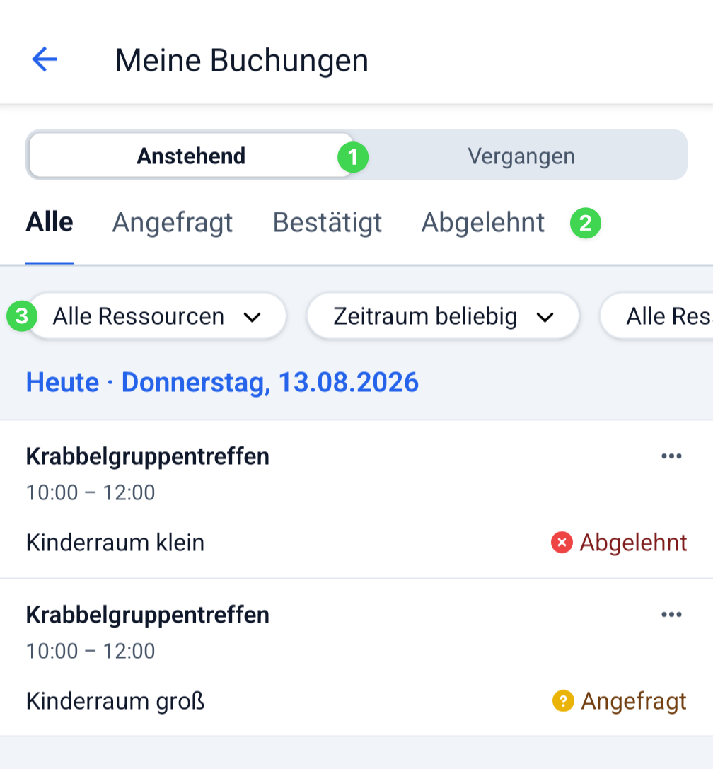 Screenshot: Buchungen filtern in der App